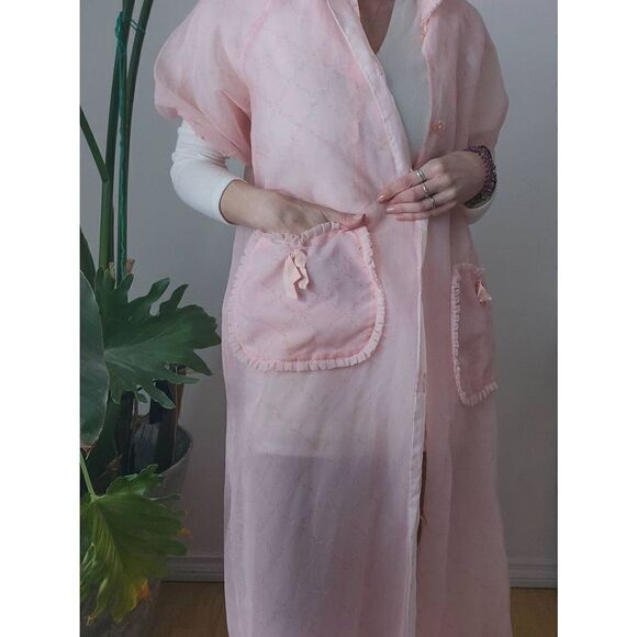 50s Vintage HouseCoat Duster Ruffle Floral Rhinestone Buttons Bow Robe - Picture 2 of 8